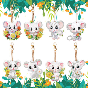 8PCS Double Sided Round Diamond Painting Art Keychain Pendant (White Mouse)