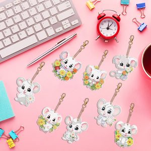 8PCS Double Sided Round Diamond Painting Art Keychain Pendant (White Mouse)
