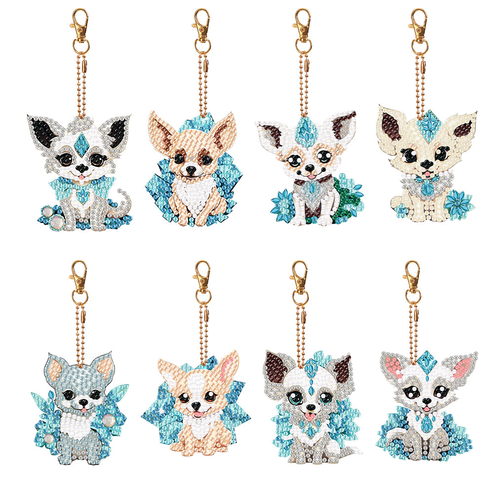 8PCS Double Sided Round Diamond Painting Art Keychain Pendant (Diamond Dog)