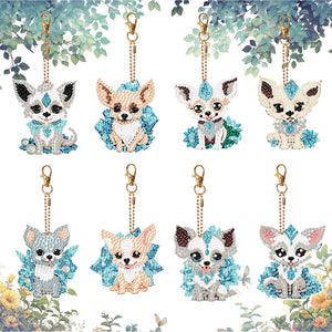 8PCS Double Sided Round Diamond Painting Art Keychain Pendant (Diamond Dog)