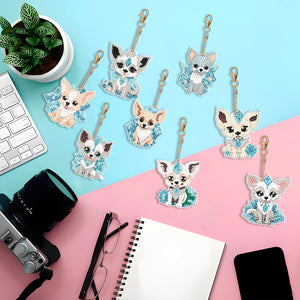 8PCS Double Sided Round Diamond Painting Art Keychain Pendant (Diamond Dog)