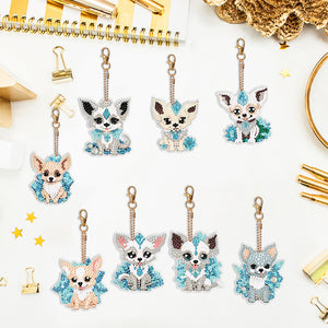 8PCS Double Sided Round Diamond Painting Art Keychain Pendant (Diamond Dog)