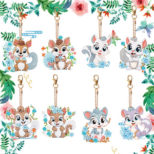 8PCS Double Sided Round Diamond Painting Art Keychain Pendant (Squirrel #6)