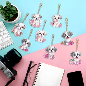 8PCS Double Sided Round Diamond Painting Art Keychain Pendant (White Dog)