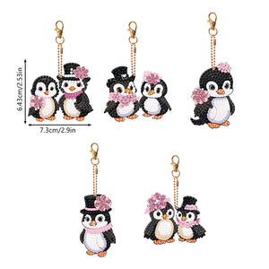 5PCS Double Sided Round Diamond Painting Art Keychain Pendant (Penguin #1)