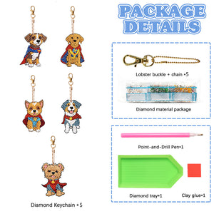 5PCS Double Sided Round Diamond Painting Art Keychain Pendant (Puppy Hero)