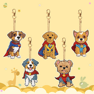 5PCS Double Sided Round Diamond Painting Art Keychain Pendant (Puppy Hero)