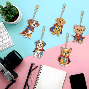 5PCS Double Sided Round Diamond Painting Art Keychain Pendant (Puppy Hero)