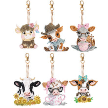 Load image into Gallery viewer, 6PCS Double Sided Round Diamond Painting Art Keychain Pendant (Each Busy Cow)

