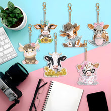 Load image into Gallery viewer, 6PCS Double Sided Round Diamond Painting Art Keychain Pendant (Each Busy Cow)

