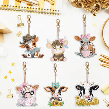 Load image into Gallery viewer, 6PCS Double Sided Round Diamond Painting Art Keychain Pendant (Each Busy Cow)
