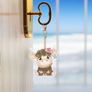 6PCS Double Sided Round Diamond Painting Art Keychain Pendant (Each Busy Cow)
