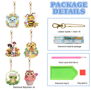 6PCS Double Sided Round Diamond Painting Art Keychain Pendant (Animal World)