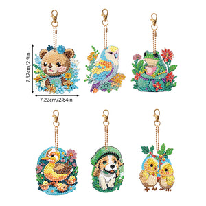 6PCS Double Sided Round Diamond Painting Art Keychain Pendant(Nature and Animal)