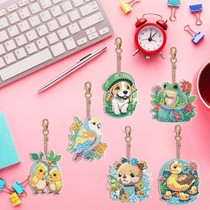 6PCS Double Sided Round Diamond Painting Art Keychain Pendant(Nature and Animal)