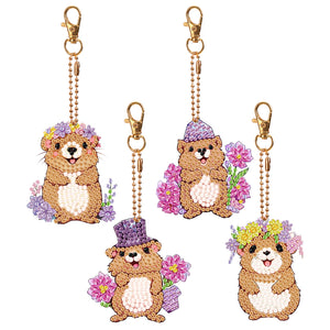 4PCS Double Sided Diamond Painting Art Keychain Pendant for Beginners(Groundhog)