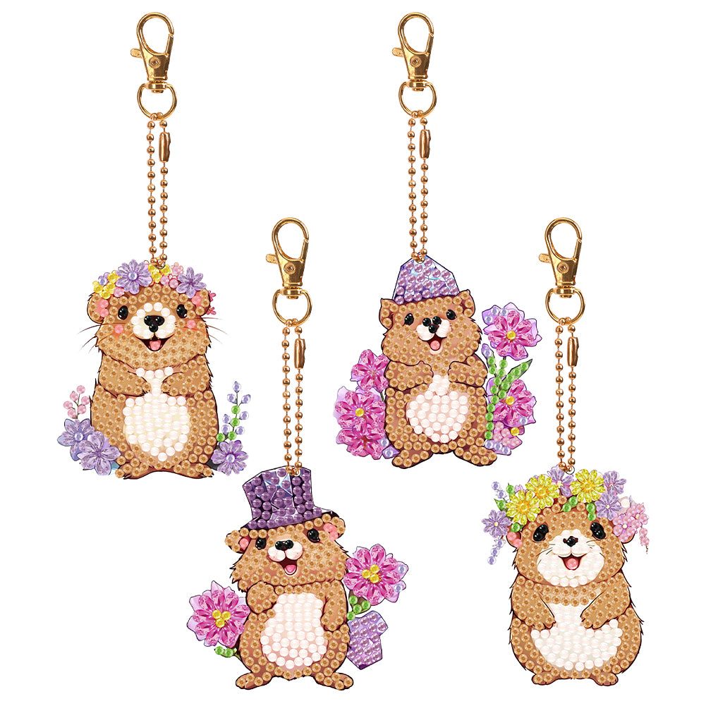 4PCS Double Sided Diamond Painting Art Keychain Pendant for Beginners(Groundhog)