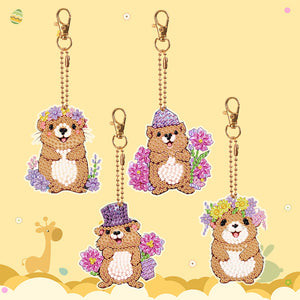 4PCS Double Sided Diamond Painting Art Keychain Pendant for Beginners(Groundhog)