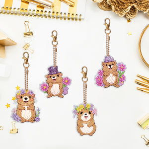 4PCS Double Sided Diamond Painting Art Keychain Pendant for Beginners(Groundhog)
