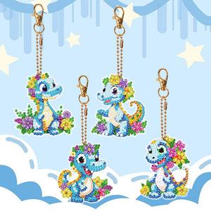 4PCS Double Sided Diamond Painting Art Keychain Pendant for Beginners (Dinosaur)