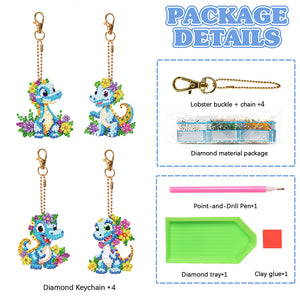 4PCS Double Sided Diamond Painting Art Keychain Pendant for Beginners (Dinosaur)