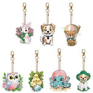 7PCS Double Sided Diamond Painting Art Keychain Pendant for Beginners (Animals)