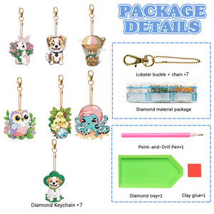7PCS Double Sided Diamond Painting Art Keychain Pendant for Beginners (Animals)