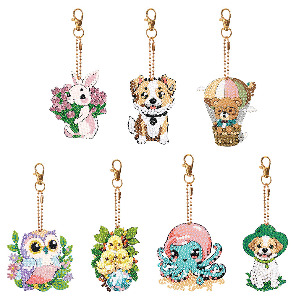 7PCS Double Sided Diamond Painting Art Keychain Pendant for Beginners (Animals)