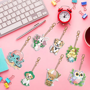 7PCS Double Sided Diamond Painting Art Keychain Pendant for Beginners (Animals)
