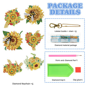 6PCS Double Sided Special Shape Diamond Painting Keychain (Sunflower Bee)