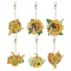 6PCS Double Sided Special Shape Diamond Painting Keychain (Sunflower Bee)