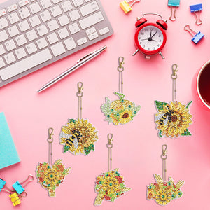 6PCS Double Sided Special Shape Diamond Painting Keychain (Sunflower Bee)