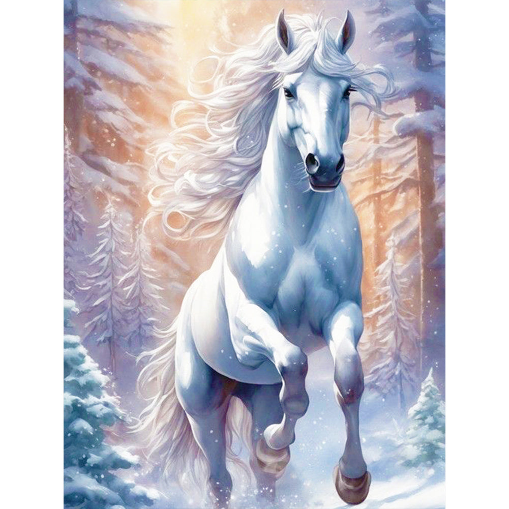 White Horse In Snow 30X40CM(Canvas) Full Round Drill Diamond Painting