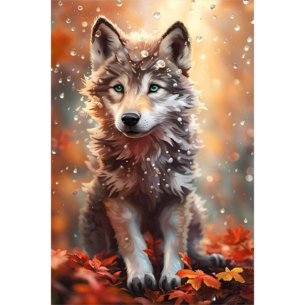 Wolf Under The Maple Leaves And Water Drops 40X60CM(Canvas) Full Round Drill Diamond Painting