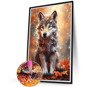 Wolf Under The Maple Leaves And Water Drops 40X60CM(Canvas) Full Round Drill Diamond Painting