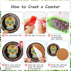 8 PCS Acrylic Diamond Painting Art Coaster Kit with Holder for Adults (Skull)