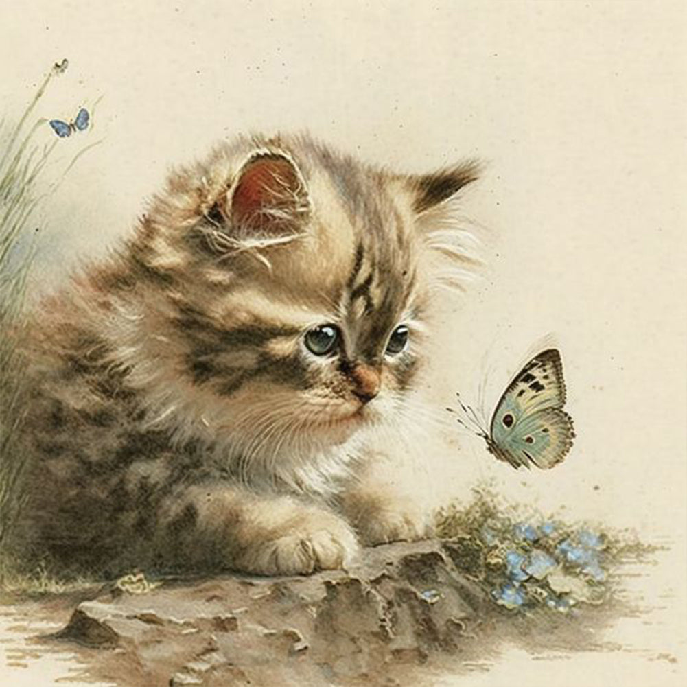 Kitten And Butterfly 30X30CM(Canvas) Full Round Drill Diamond Painting