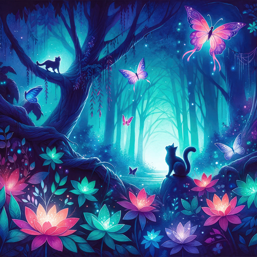 Kitten And Butterfly In The Mysterious Forest 30X30CM(Canvas) Full Round Drill Diamond Painting