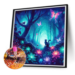 Kitten And Butterfly In The Mysterious Forest 30X30CM(Canvas) Full Round Drill Diamond Painting