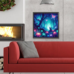 Kitten And Butterfly In The Mysterious Forest 30X30CM(Canvas) Full Round Drill Diamond Painting