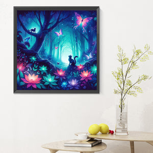 Kitten And Butterfly In The Mysterious Forest 30X30CM(Canvas) Full Round Drill Diamond Painting