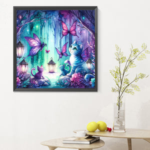 Kitten And Butterfly In The Mysterious Forest 30X30CM(Canvas) Full Round Drill Diamond Painting