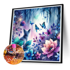 Kitten And Butterfly In The Mysterious Forest 30X30CM(Canvas) Full Round Drill Diamond Painting
