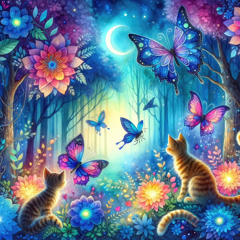 Kitten And Butterfly In The Mysterious Forest 30X30CM(Canvas) Full Round Drill Diamond Painting