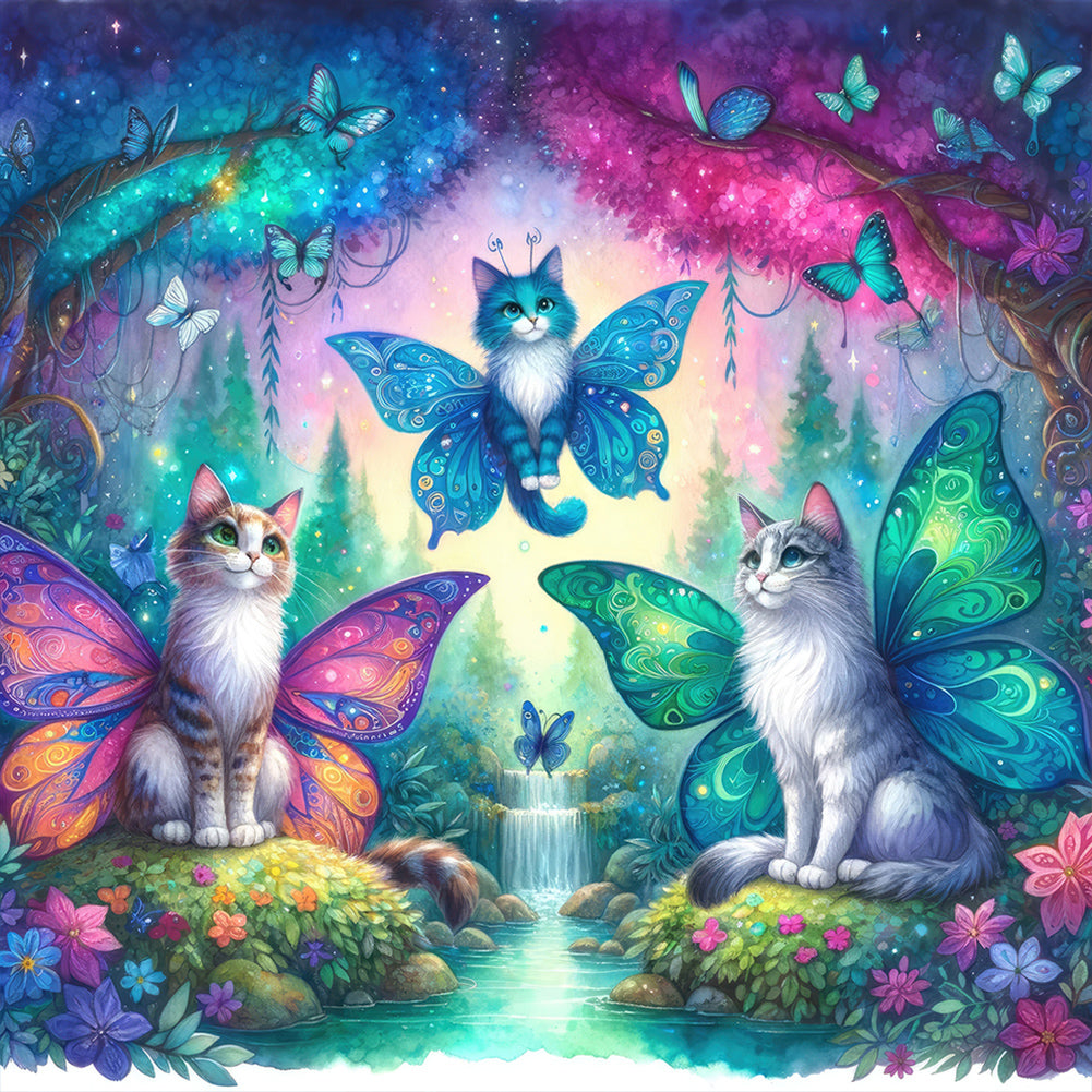 Kitten And Butterfly In The Mysterious Forest 30X30CM(Canvas) Full Round Drill Diamond Painting