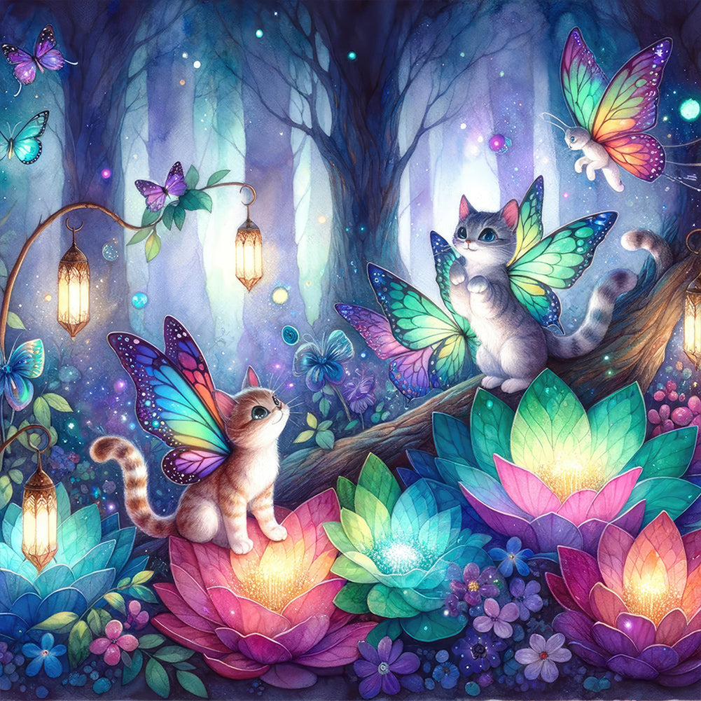 Kitten And Butterfly In The Mysterious Forest 30X30CM(Canvas) Full Round Drill Diamond Painting