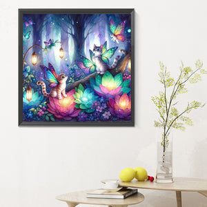 Kitten And Butterfly In The Mysterious Forest 30X30CM(Canvas) Full Round Drill Diamond Painting