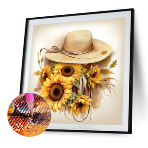 Sunflower And Straw Hat 45X45CM(Canvas) Full AB Square Drill Diamond Painting
