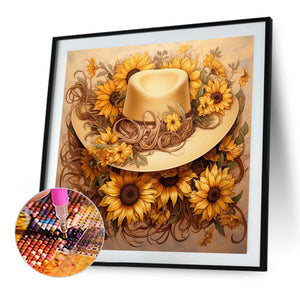 Sunflower And Straw Hat 45X45CM(Canvas) Full AB Square Drill Diamond Painting