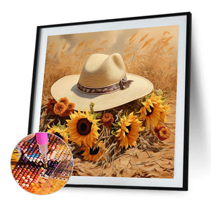 Sunflower And Straw Hat 45X45CM(Canvas) Full AB Square Drill Diamond Painting